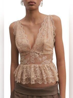 Mango Amor Plunge Neck Ruffle Trim Lace Top in Light Beige